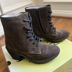 Fly London Sludge Brown Suede Woke Lace-up Granny Mid Boot 36/ 5.5-6 New in Box!